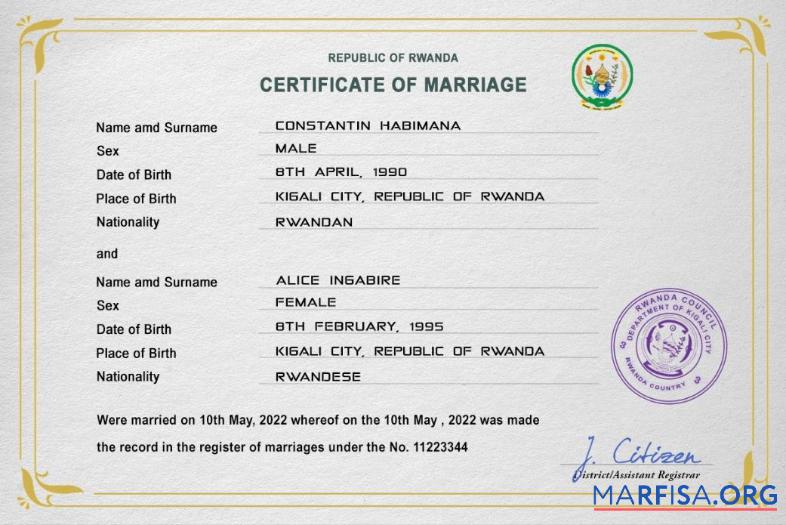 Blank Rwanda marriage certificate PSD template